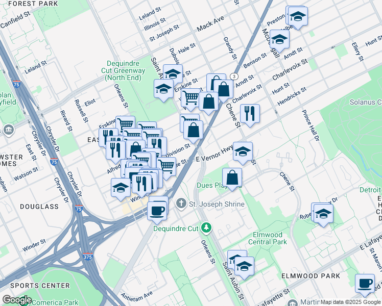 map of restaurants, bars, coffee shops, grocery stores, and more near 1977 Division Street in Detroit