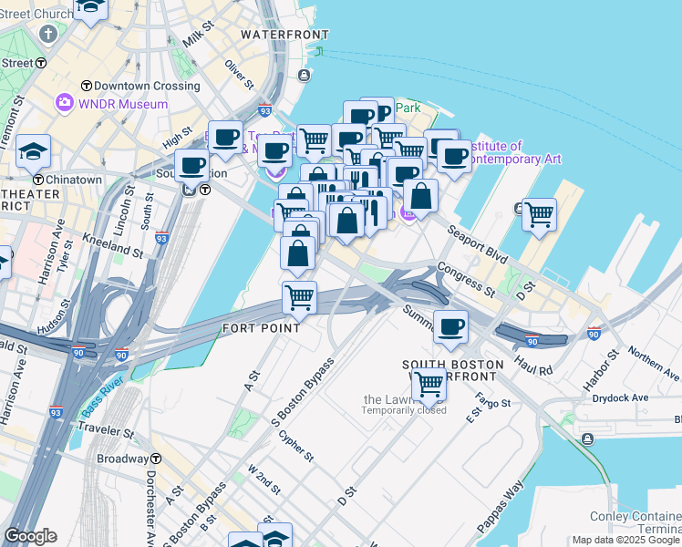 map of restaurants, bars, coffee shops, grocery stores, and more near 333 Summer Street in Boston