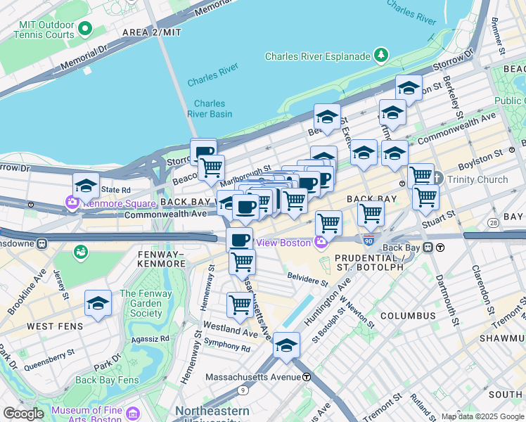 map of restaurants, bars, coffee shops, grocery stores, and more near 322 Massachusetts 2 in Boston
