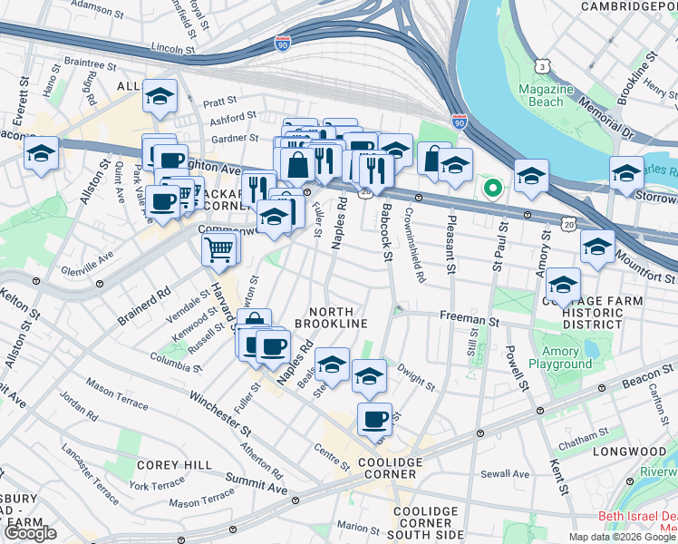 map of restaurants, bars, coffee shops, grocery stores, and more near 71 Abbottsford Road in Brookline