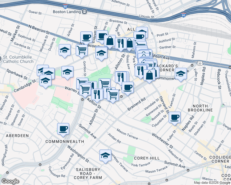 map of restaurants, bars, coffee shops, grocery stores, and more near 28 Long Avenue in Boston