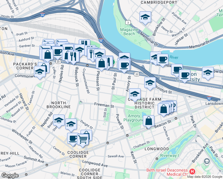 map of restaurants, bars, coffee shops, grocery stores, and more near 49 Egmont Street in Brookline