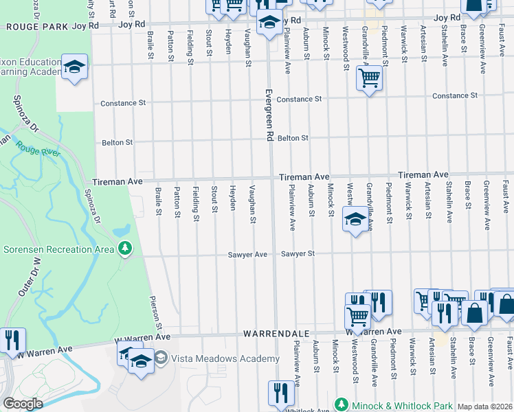 map of restaurants, bars, coffee shops, grocery stores, and more near 7756 Vaughan Street in Detroit