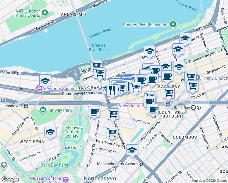 map of restaurants, bars, coffee shops, grocery stores, and more near 322 Massachusetts 2 in Boston