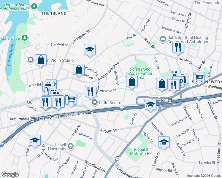 map of restaurants, bars, coffee shops, grocery stores, and more near 279 Webster Street in Newton