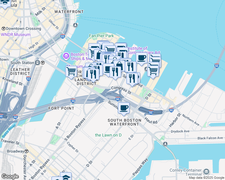 map of restaurants, bars, coffee shops, grocery stores, and more near 399 Congress Street in Boston