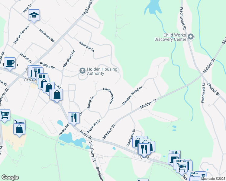 map of restaurants, bars, coffee shops, grocery stores, and more near 314 Flagler Drive in Holden