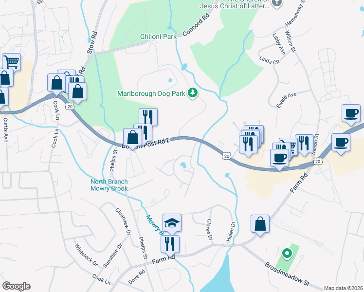 map of restaurants, bars, coffee shops, grocery stores, and more near 259 Boston Post Road East in Marlborough