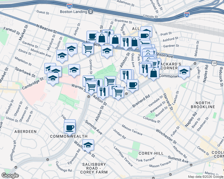 map of restaurants, bars, coffee shops, grocery stores, and more near 139 Glenville Avenue in Boston