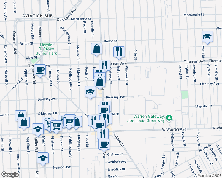 map of restaurants, bars, coffee shops, grocery stores, and more near 7725 Indiana Street in Dearborn