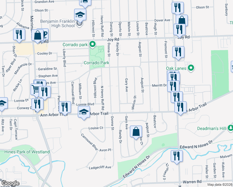 map of restaurants, bars, coffee shops, grocery stores, and more near 8205 Randy Drive in Westland