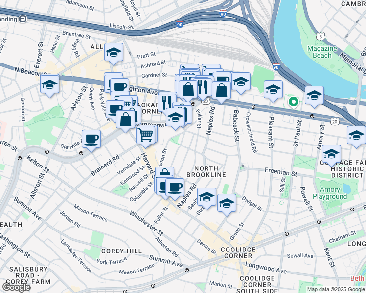 map of restaurants, bars, coffee shops, grocery stores, and more near 168 Coolidge Street in Brookline