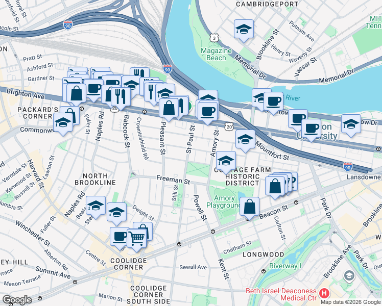 map of restaurants, bars, coffee shops, grocery stores, and more near 49 Egmont Street in Brookline