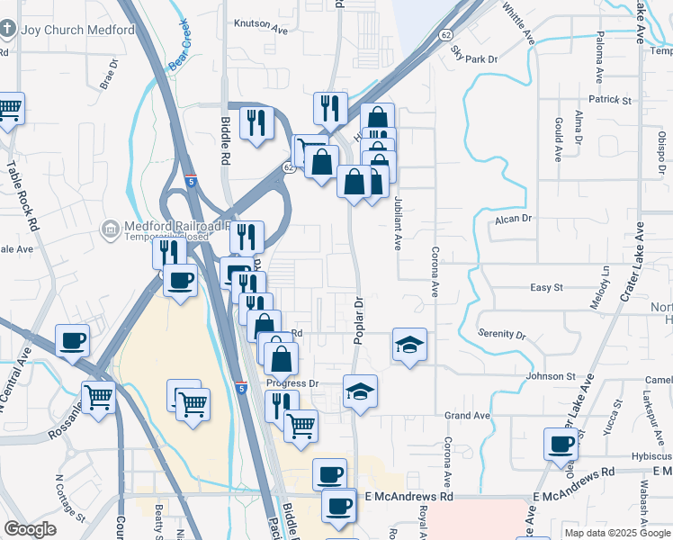 map of restaurants, bars, coffee shops, grocery stores, and more near 2101 Poplar Drive in Medford