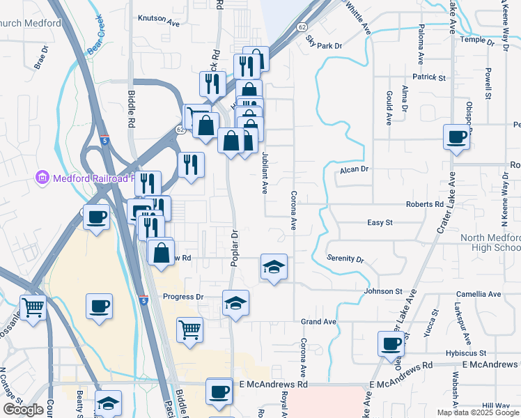 map of restaurants, bars, coffee shops, grocery stores, and more near 2041 Jubilant Avenue in Medford
