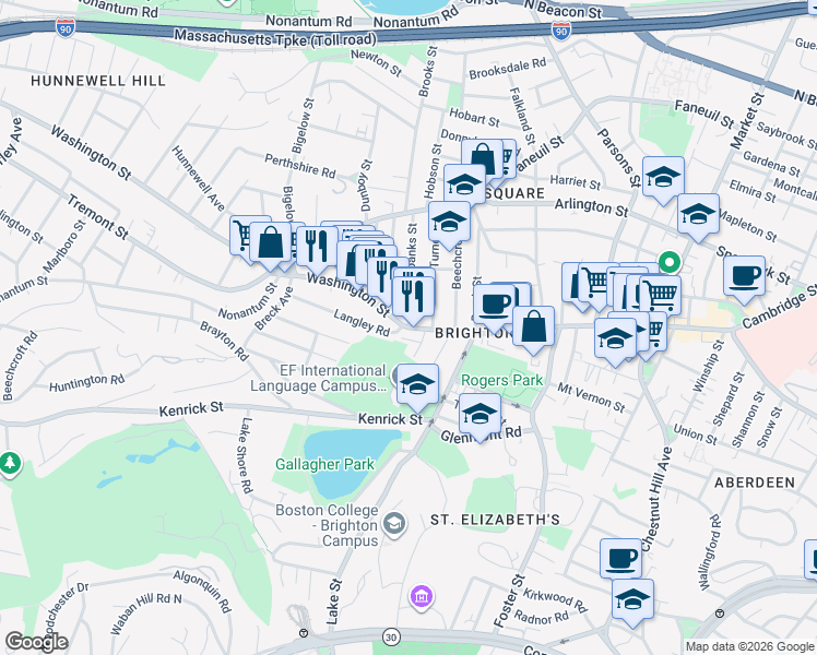 map of restaurants, bars, coffee shops, grocery stores, and more near Washington St & Fairbanks St in Boston