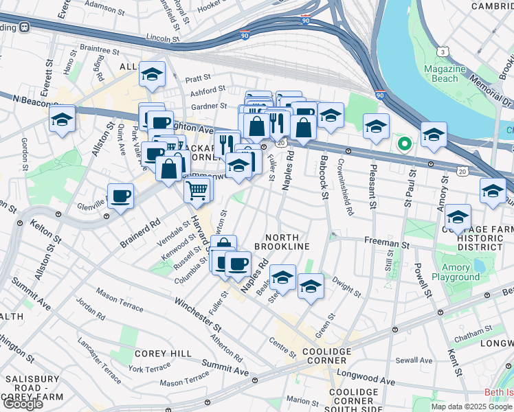 map of restaurants, bars, coffee shops, grocery stores, and more near 168 Coolidge Street in Brookline