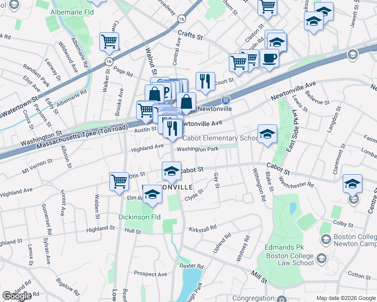 map of restaurants, bars, coffee shops, grocery stores, and more near 112 Washington Park in Newton