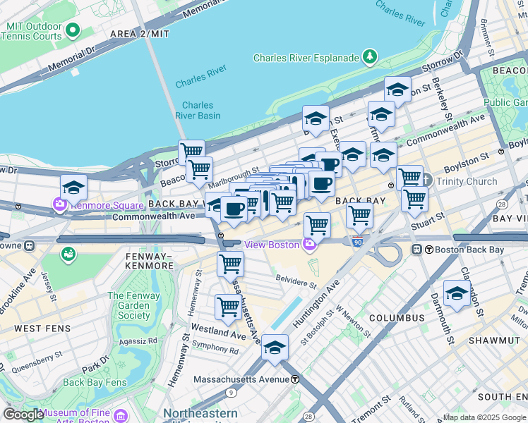 map of restaurants, bars, coffee shops, grocery stores, and more near 299 Newbury Street in Boston