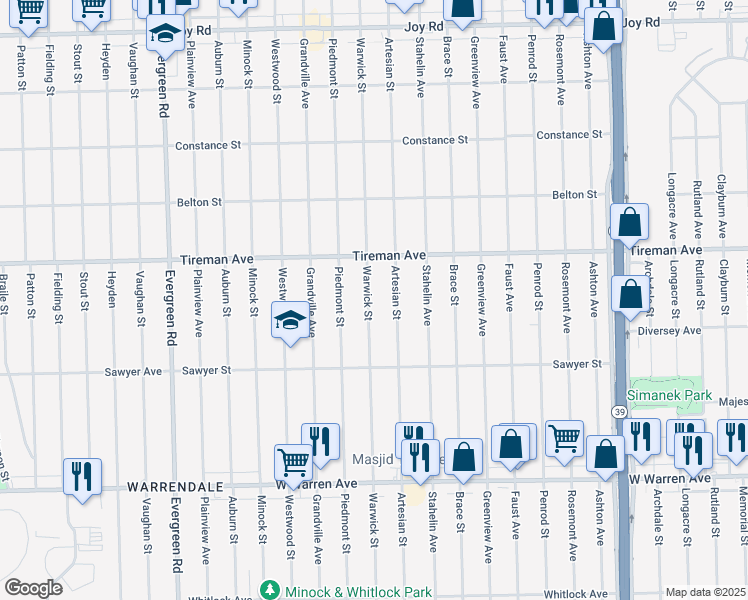 map of restaurants, bars, coffee shops, grocery stores, and more near 7750 Warwick Street in Detroit