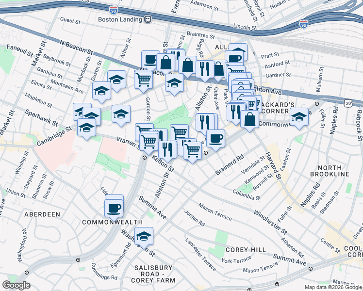 map of restaurants, bars, coffee shops, grocery stores, and more near 132 Glenville Avenue in Allston
