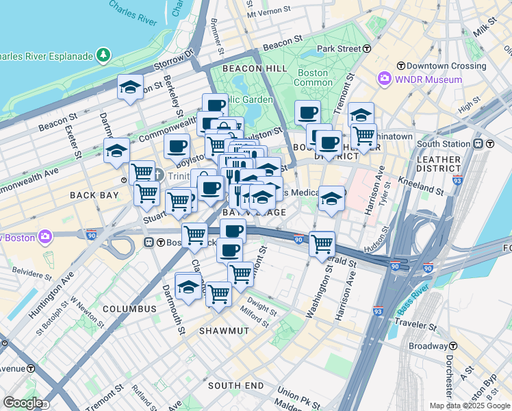 map of restaurants, bars, coffee shops, grocery stores, and more near 130 Arlington Street in Boston