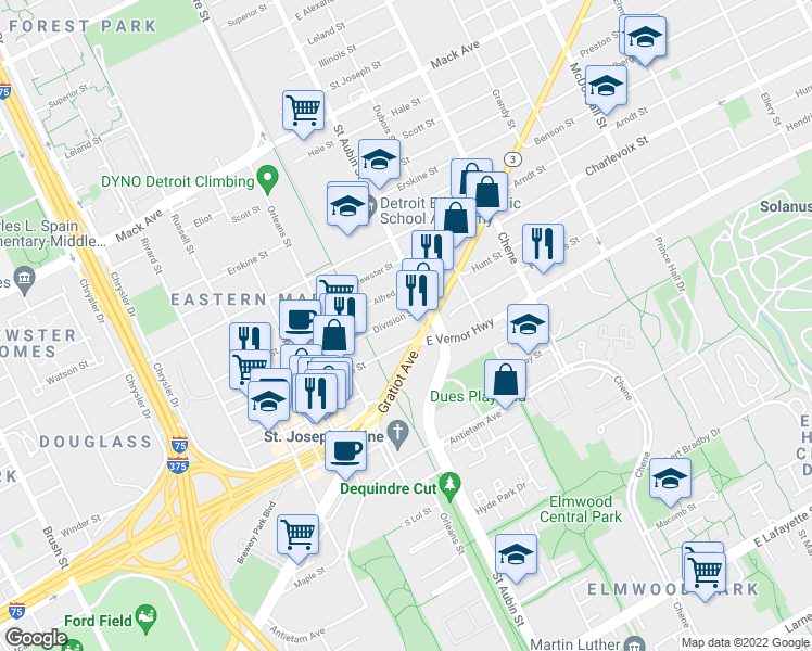 map of restaurants, bars, coffee shops, grocery stores, and more near 2000 Division Street in Detroit