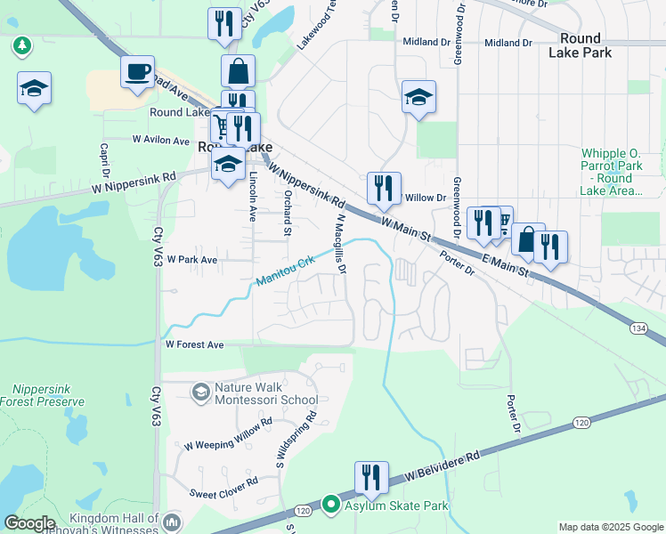map of restaurants, bars, coffee shops, grocery stores, and more near 258 West Whispering Oaks Lane in Round Lake