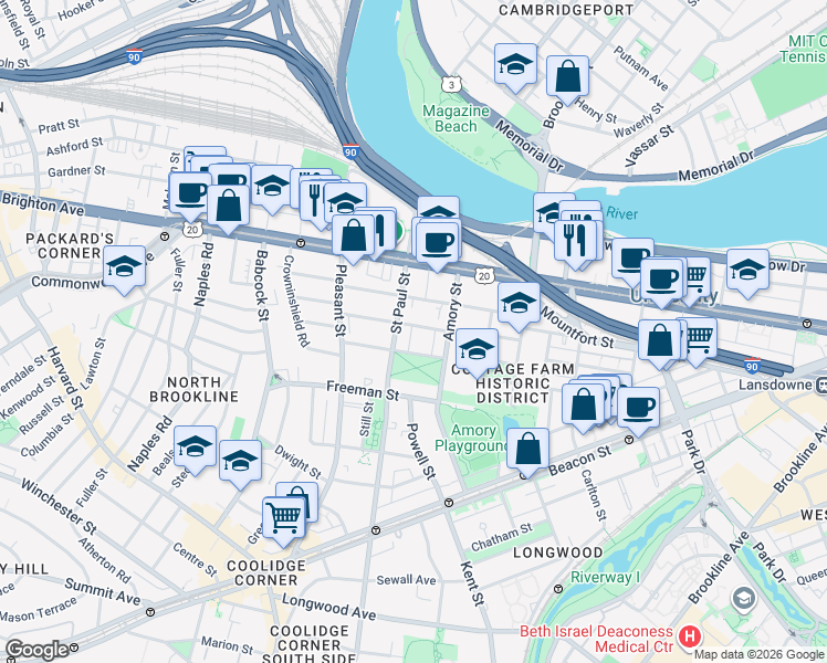 map of restaurants, bars, coffee shops, grocery stores, and more near 15 Egmont Street in Brookline