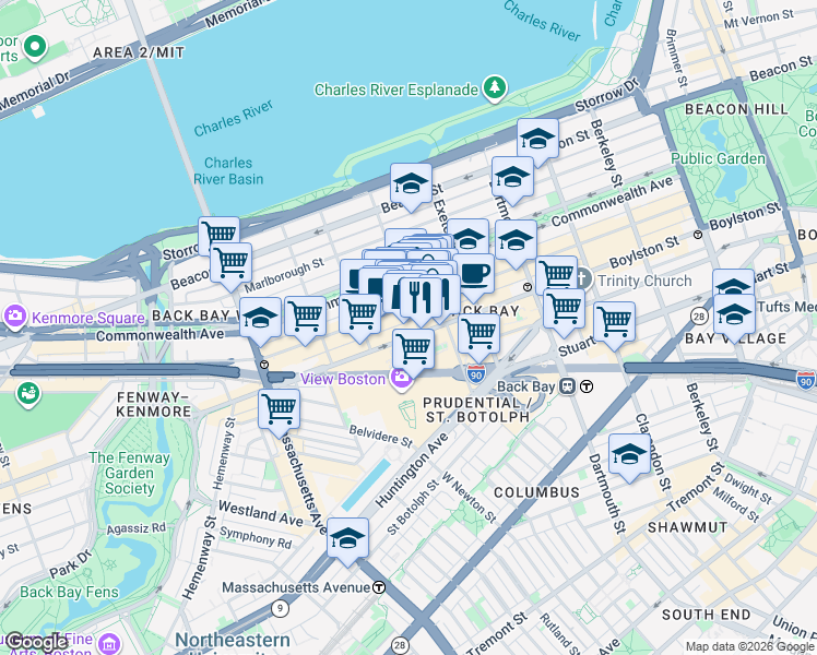 map of restaurants, bars, coffee shops, grocery stores, and more near 240 Newbury Street in Boston