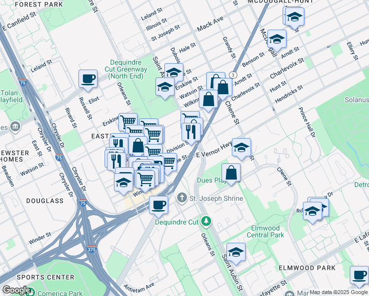 map of restaurants, bars, coffee shops, grocery stores, and more near 1977 Division Street in Detroit