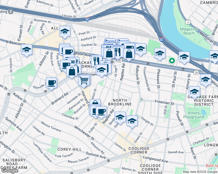 map of restaurants, bars, coffee shops, grocery stores, and more near 168 Coolidge Street in Brookline