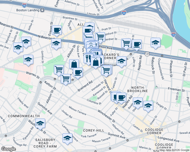 map of restaurants, bars, coffee shops, grocery stores, and more near 1254 Commonwealth Avenue in Boston