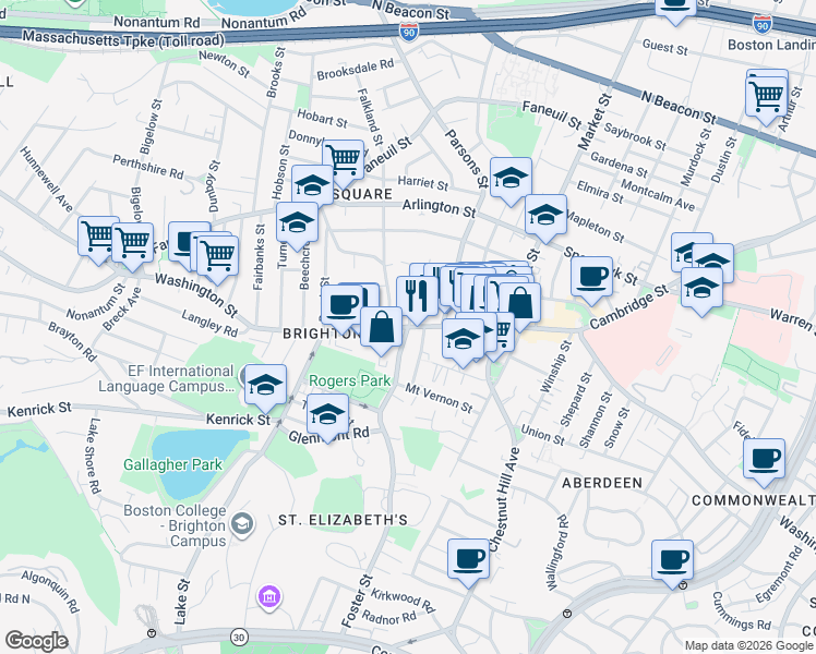 map of restaurants, bars, coffee shops, grocery stores, and more near Washington St & Foster St in Boston