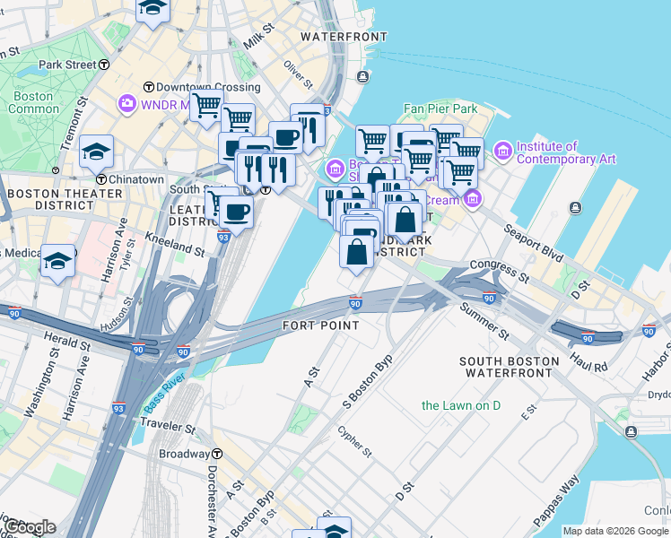 map of restaurants, bars, coffee shops, grocery stores, and more near 15 Necco Street in Boston