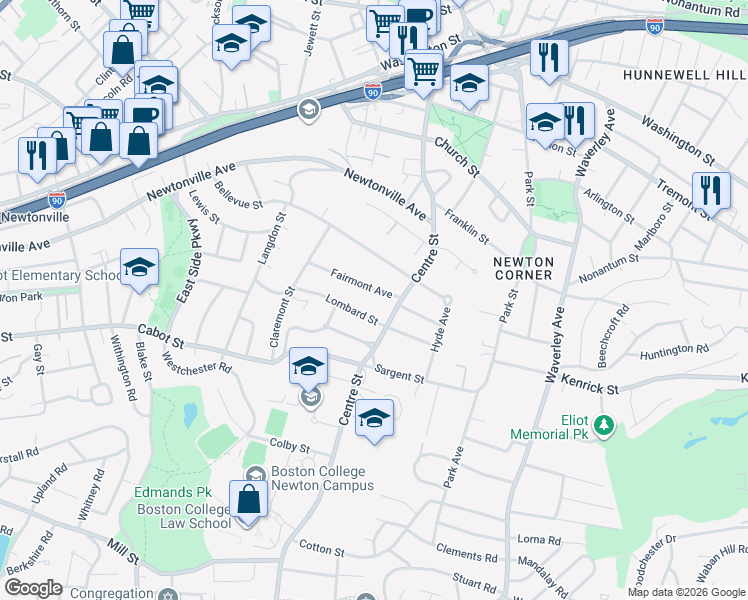 map of restaurants, bars, coffee shops, grocery stores, and more near 16 Fairmont Avenue in Newton