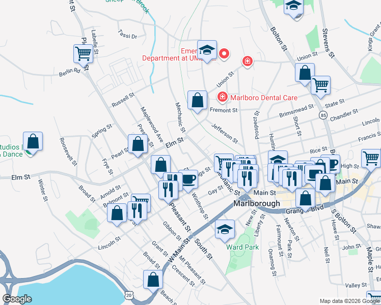 map of restaurants, bars, coffee shops, grocery stores, and more near 140 Mechanic Street in Marlborough