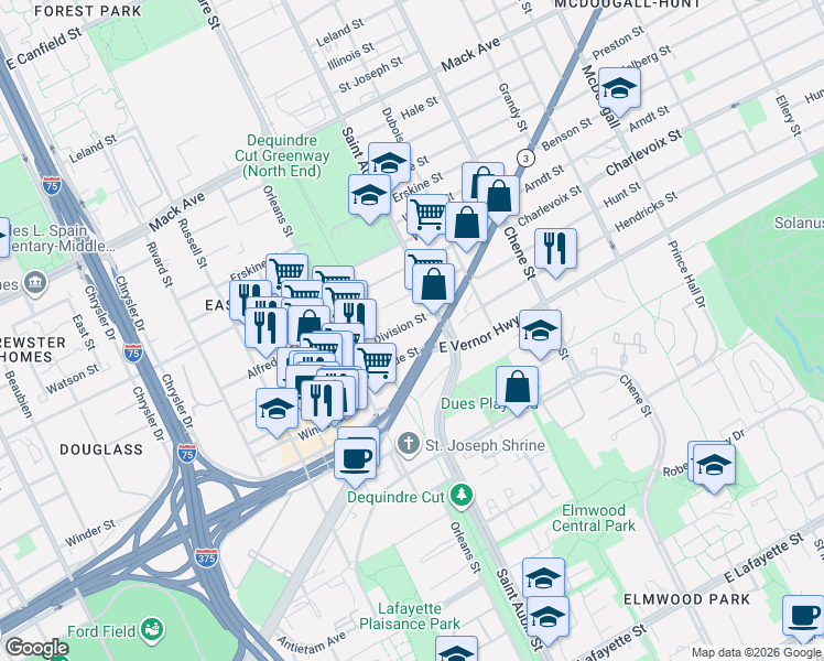 map of restaurants, bars, coffee shops, grocery stores, and more near 2000 Division Street in Detroit