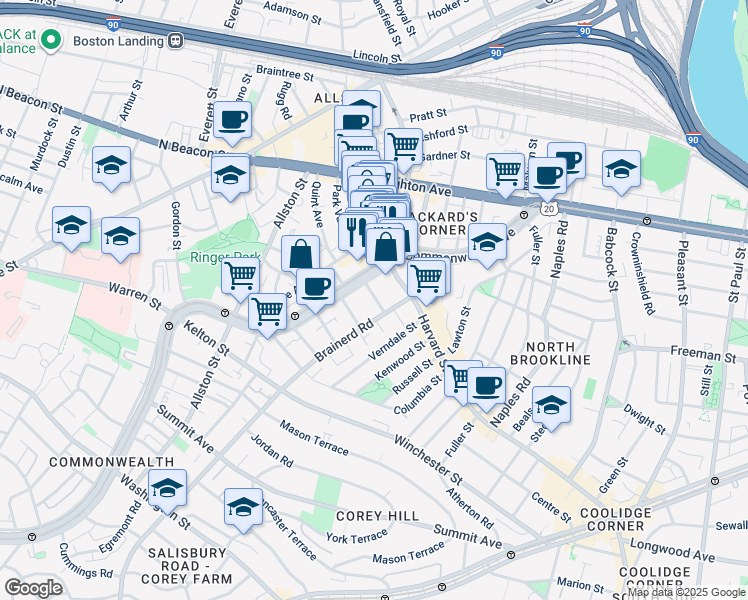 map of restaurants, bars, coffee shops, grocery stores, and more near 11 Royce Road in Allston