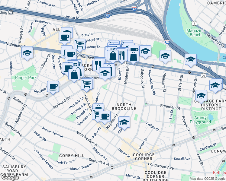 map of restaurants, bars, coffee shops, grocery stores, and more near 168 Coolidge Street in Brookline