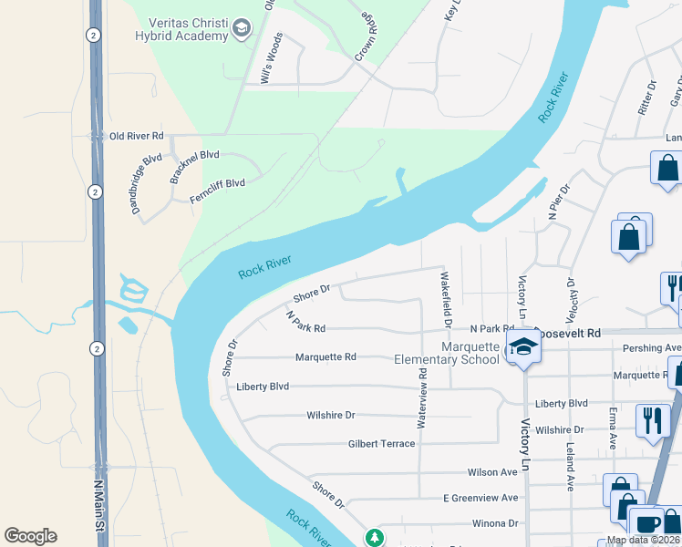 map of restaurants, bars, coffee shops, grocery stores, and more near 9808 Shore Drive in Machesney Park