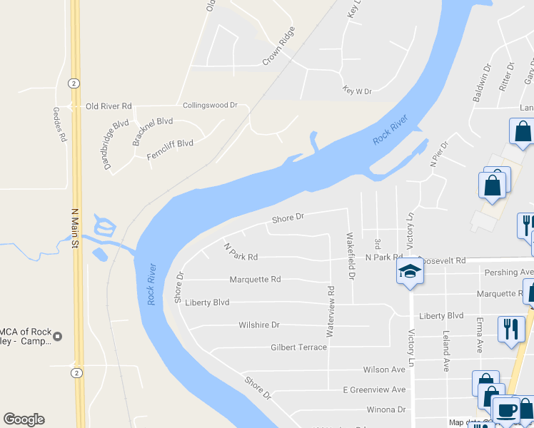 map of restaurants, bars, coffee shops, grocery stores, and more near 9808 Shore Drive in Machesney Park