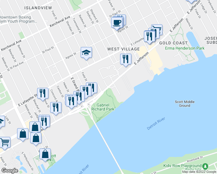 map of restaurants, bars, coffee shops, grocery stores, and more near 7600 Jefferson Avenue in Detroit