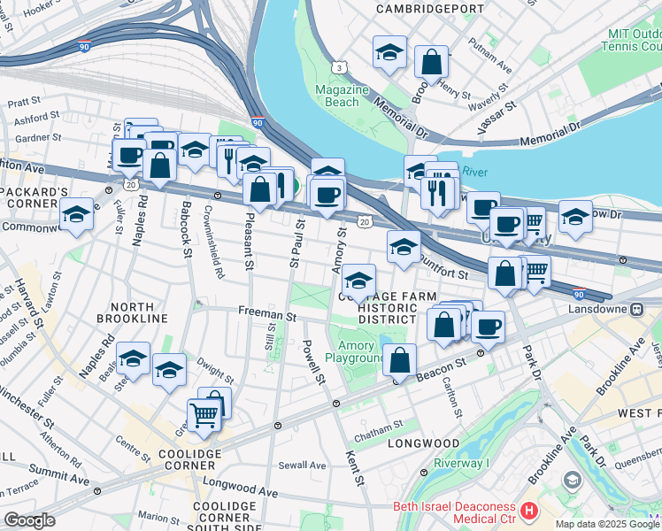 map of restaurants, bars, coffee shops, grocery stores, and more near 15 Egmont Street in Brookline