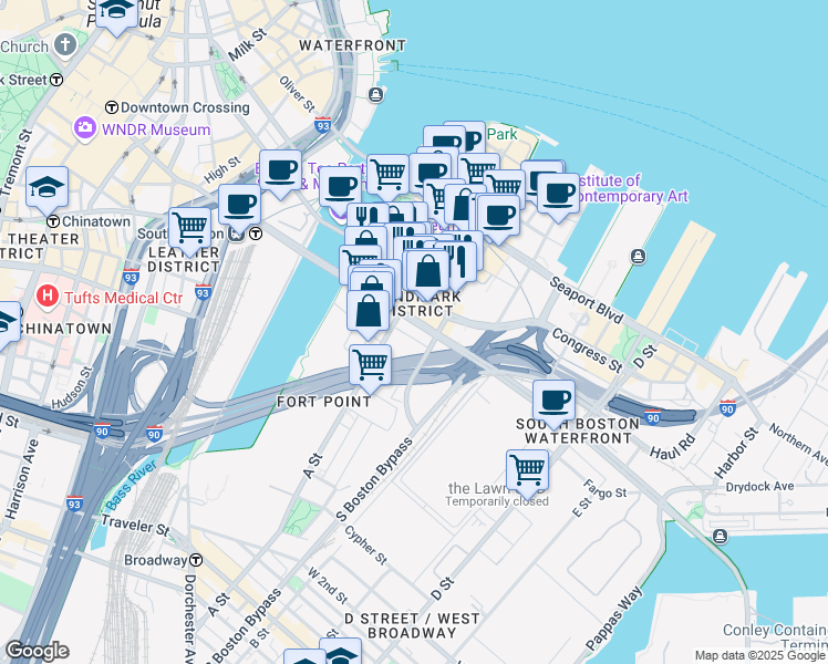 map of restaurants, bars, coffee shops, grocery stores, and more near in Boston