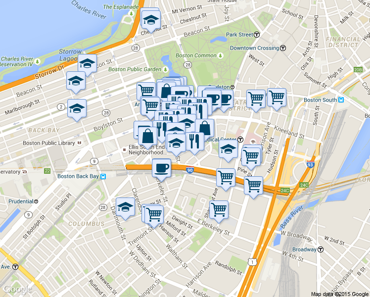 map of restaurants, bars, coffee shops, grocery stores, and more near 34-38 Winchester Street in Boston
