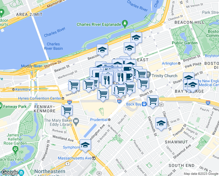 map of restaurants, bars, coffee shops, grocery stores, and more near 754 Boylston Street in Boston