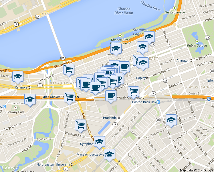 map of restaurants, bars, coffee shops, grocery stores, and more near in Boston