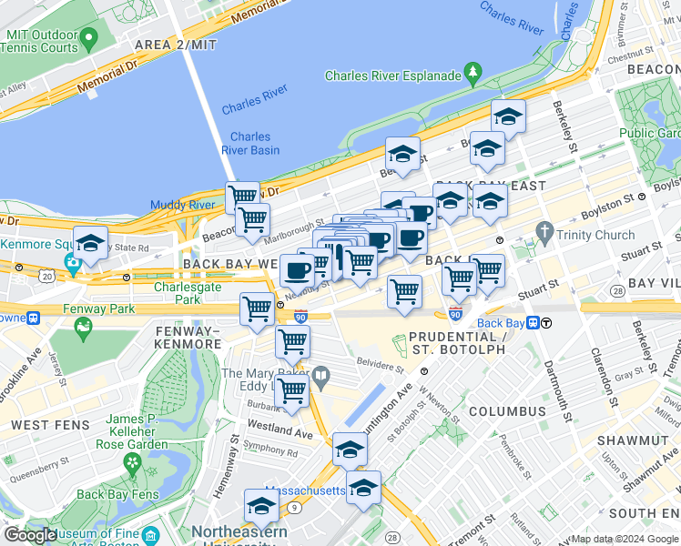 map of restaurants, bars, coffee shops, grocery stores, and more near 296 Commonwealth Avenue in Boston