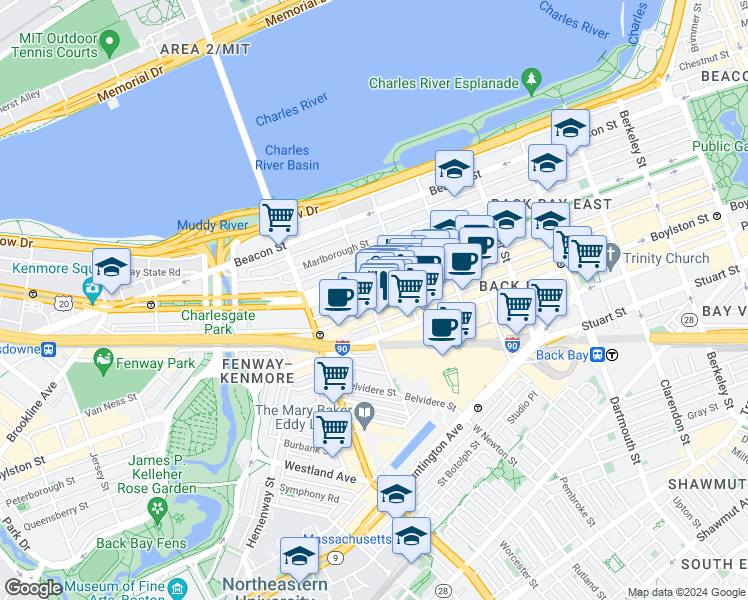 map of restaurants, bars, coffee shops, grocery stores, and more near 296 Commonwealth Avenue in Boston